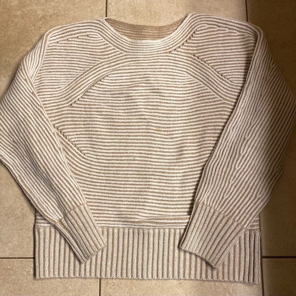 Crewneck Stripe Knit Sweater in Cream and Tan